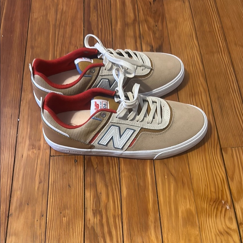 New Balance Tan and Red Retro Sneakers